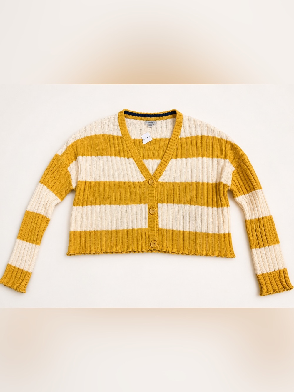 American Eagle Mustard & Cream Striped Cropped Cardigan – Size M
